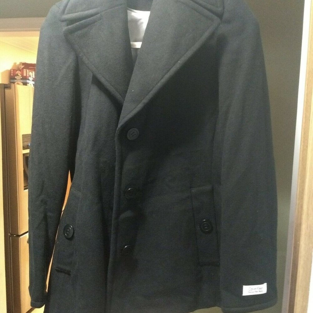 CK Womens Black Wool Blend Heavy Pea Coat Jacket